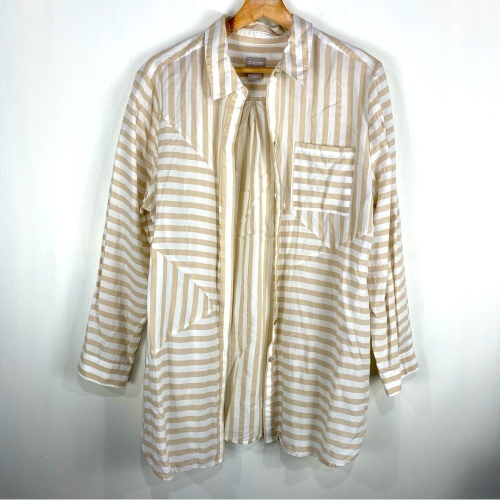 Chico's Striped Longline Lagenlook Full Button Up Down Shirt Blouse Size 2 12/14